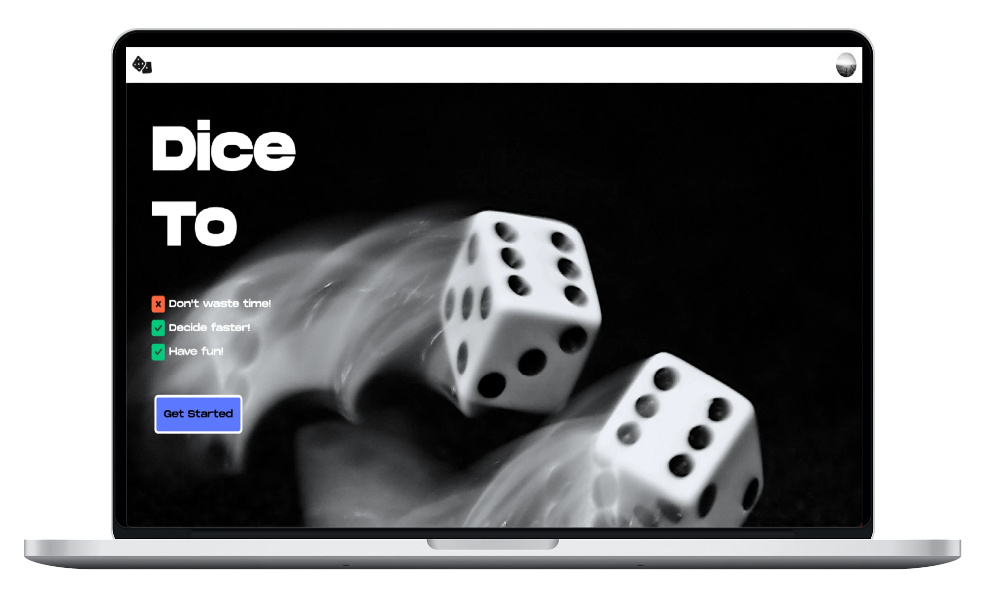 landing page of DiceTo web application